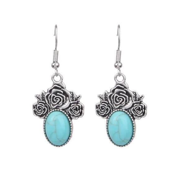 Ethnic Style Flower Alloy Turquoise Drop Earrings Boho Silver Round Retro Hippie - Picture 1 of 6